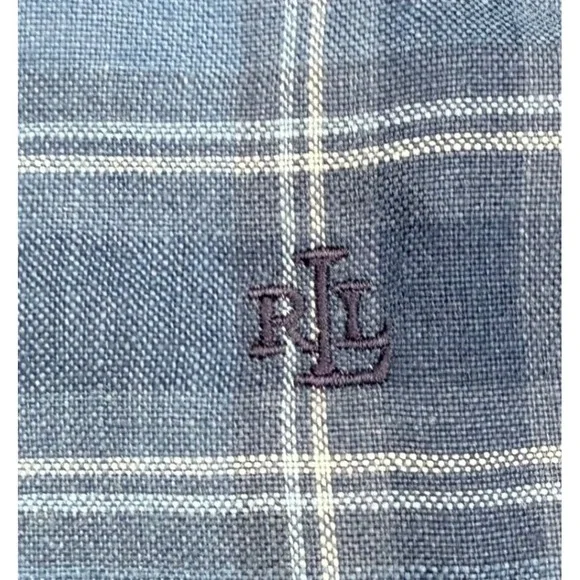 Lauren Ralph Lauren Womens 1X Blue Plaid 100% Linen Button Down Shirt Roll Tab - Picture 4 of 5